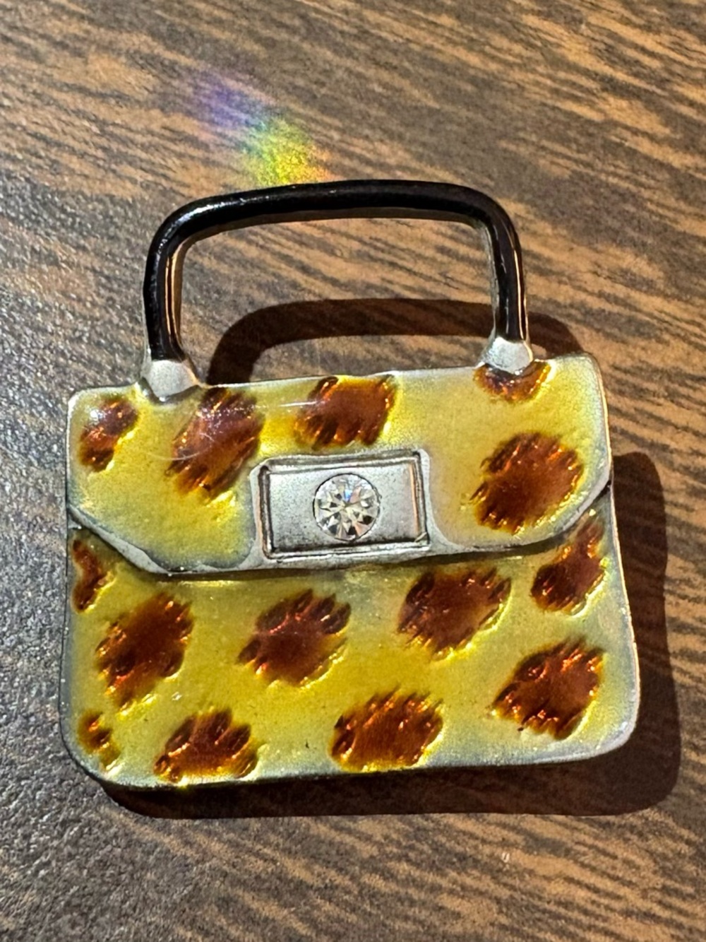 Leopard Print Mini Handbag Pin - Yellow/Brown Accent